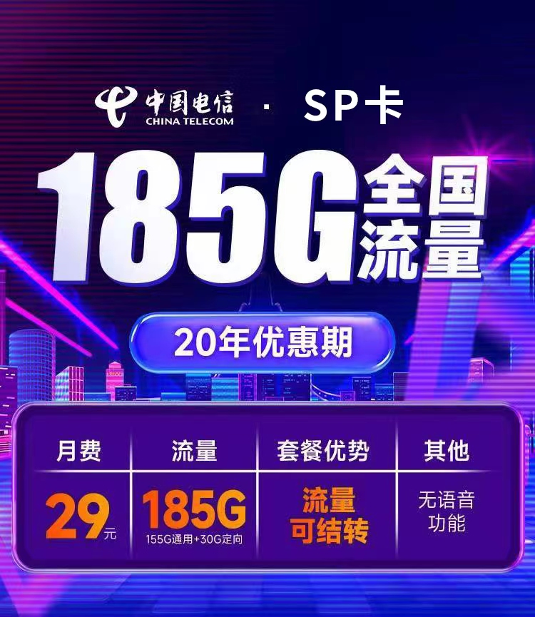 【电信SP卡】29元185G全国流量+支持结转+20年套餐 电信SP卡 SP流量卡 电信SP卡申请地址 第1张