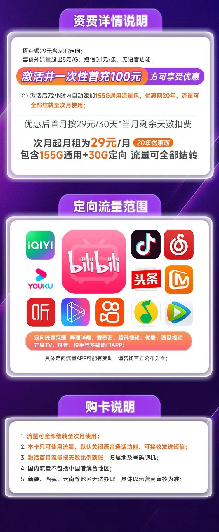 【电信SP卡】29元185G全国流量+支持结转+20年套餐 电信SP卡 SP流量卡 电信SP卡申请地址 第3张